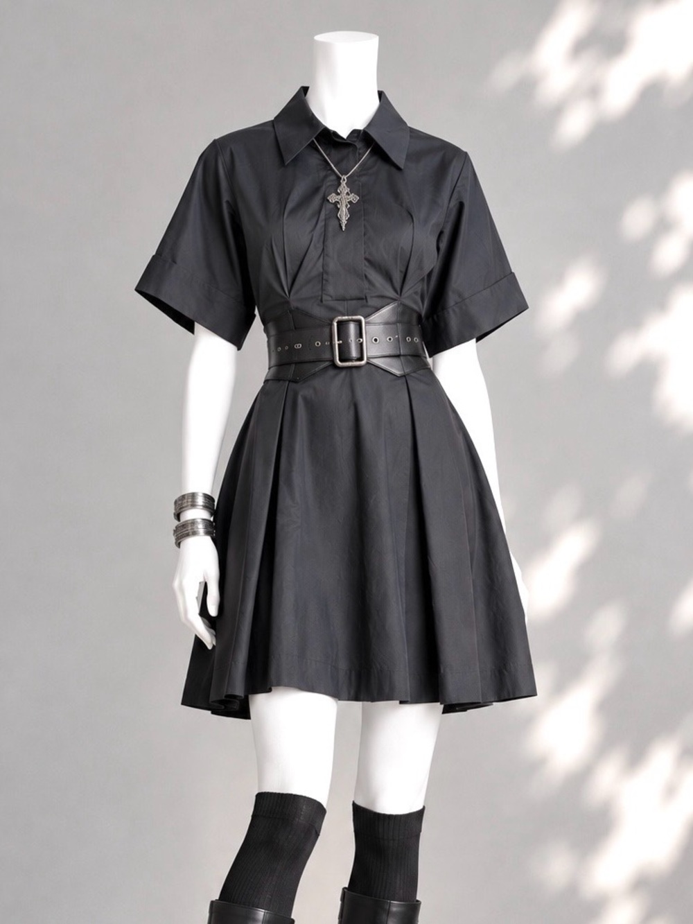 Rebecca Taylor Black Cotton Poplin Shirt Dress 8 Pleated A-Line Minimalist Goth
